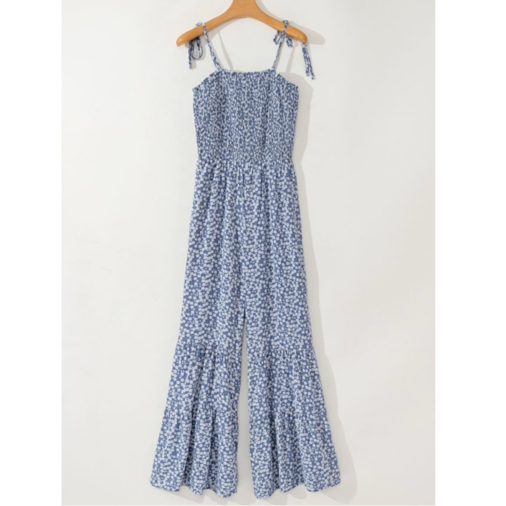 Smocked Blue Floral Wide-Leg Jumpsuit - Picture 3 of 7